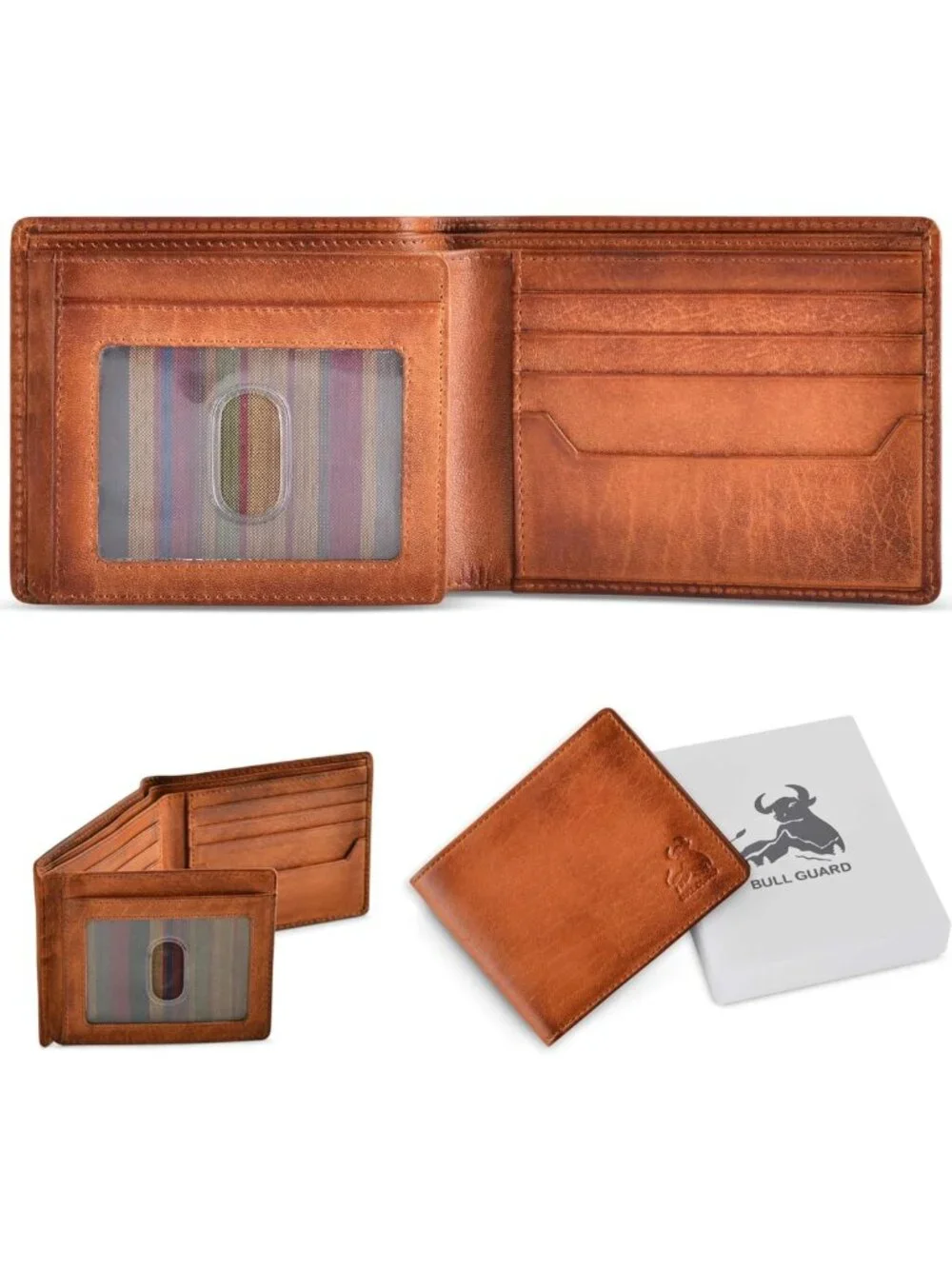 RFID Blocking Bifold Wallet for Men - Brown Full Grain Leather, 2 ID Windows